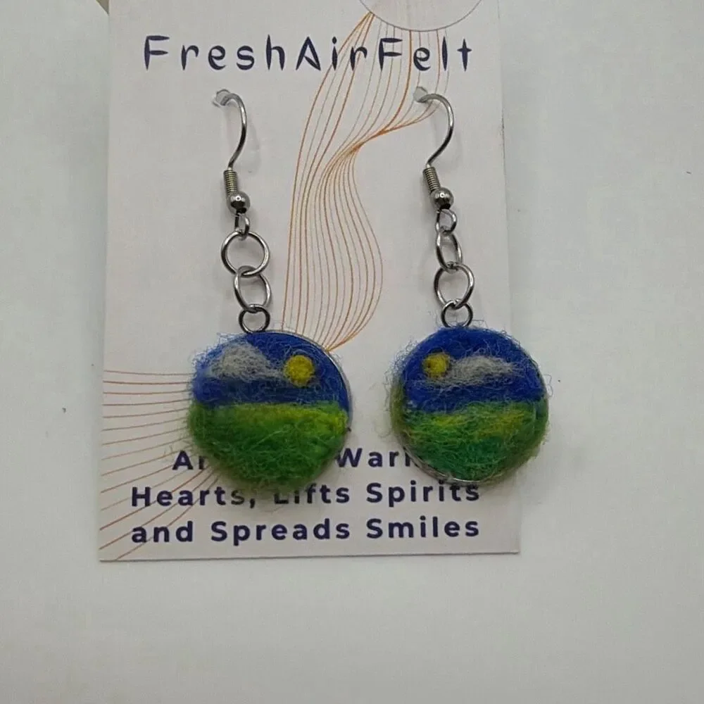 Needle felted landscape Unique hand crafted Stainless drop steel earrings